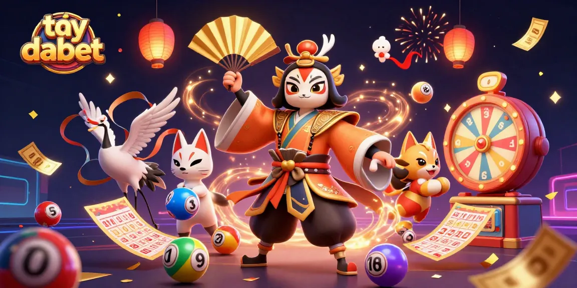 Engage in thrilling lottery games at tại dabet with a vibrant 3D illustration featuring dynamic characters and elements.