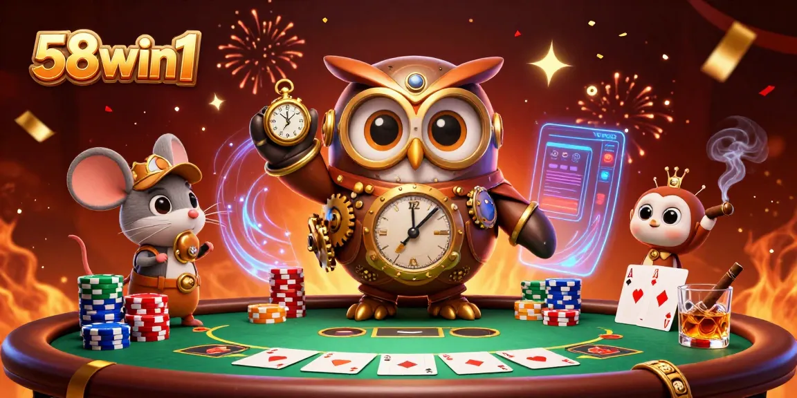 Experience thrilling gameplay with 58win1 at an exciting poker table featuring cartoon characters.