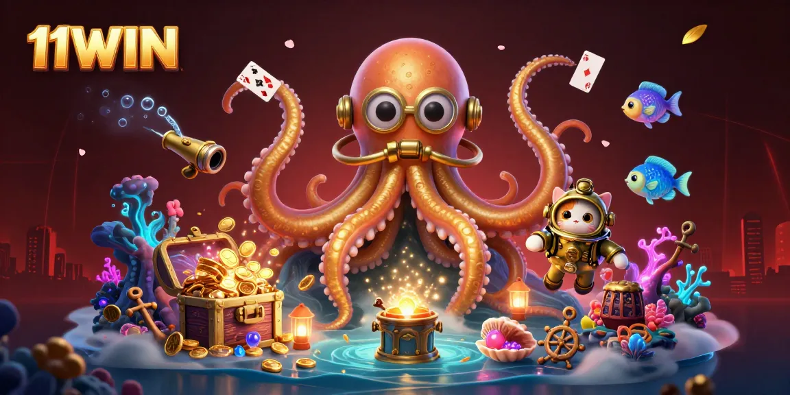 Experience the thrill of 11WIN with vibrant 3D kraken and gambling treasures in a fantasy underwater scene.