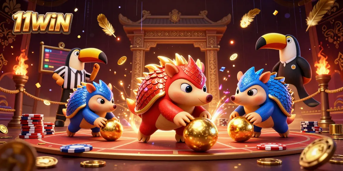 11WIN pangolins compete in a thrilling bowling showdown amidst vibrant casino elements.