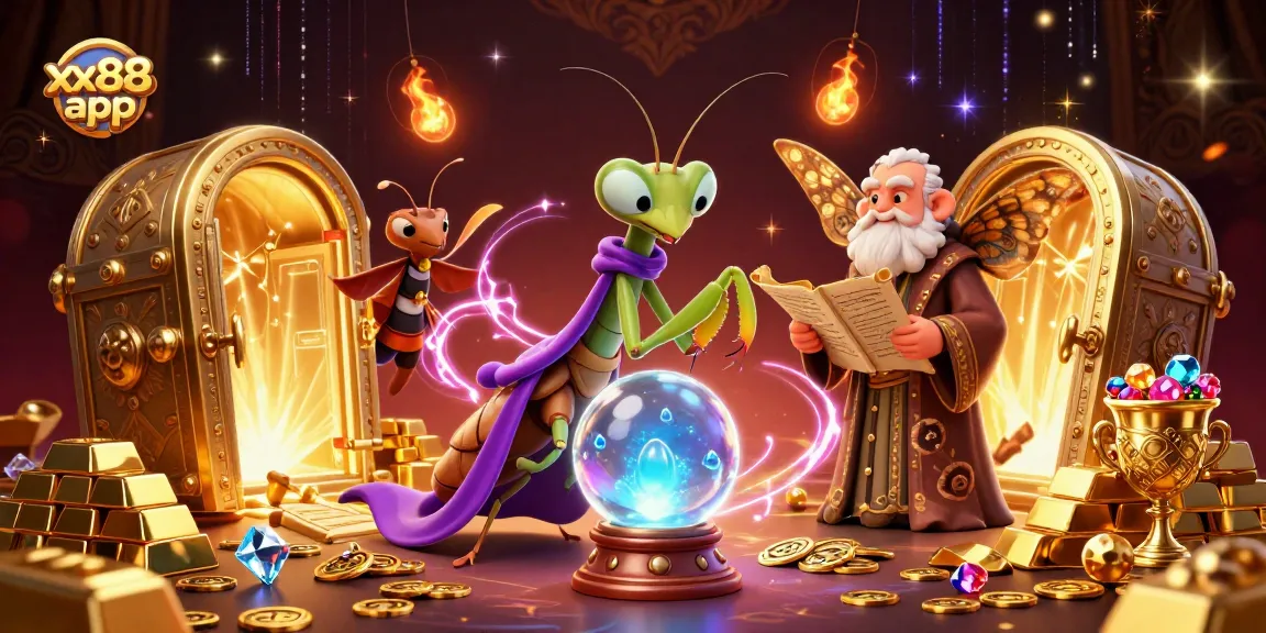 Experience luck with the xx88 app as a praying mantis fortune teller unveils treasures in a mystical casino.