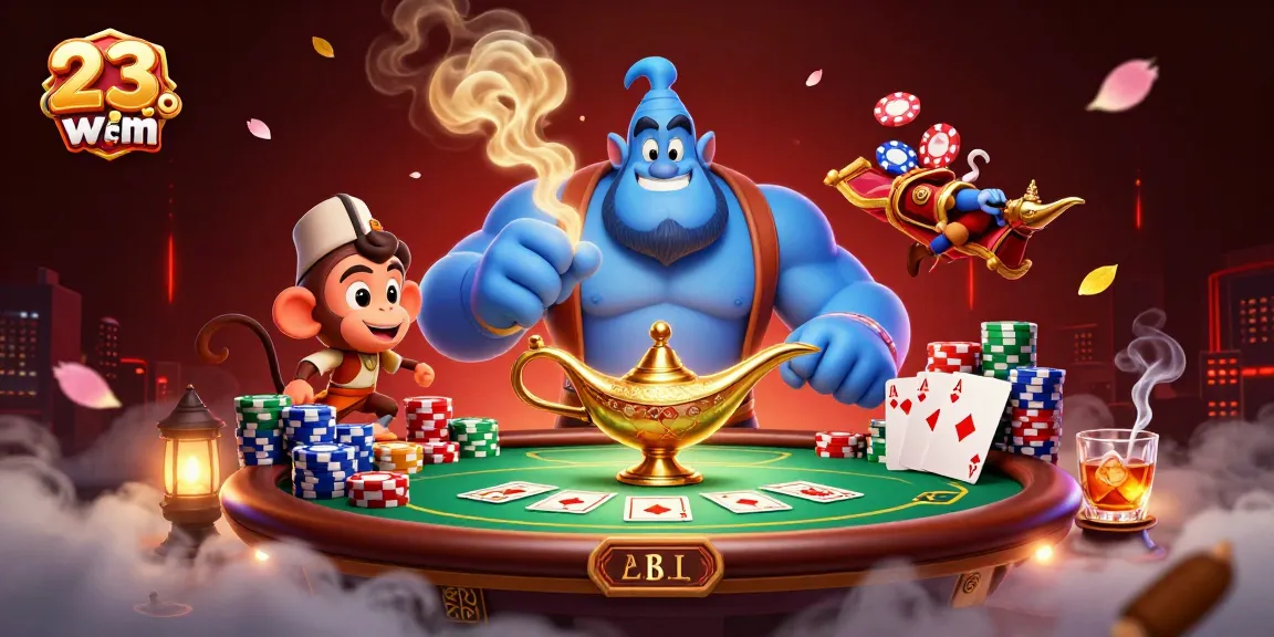 Experience the excitement of 23win com with muscled genies, poker chips, and a vibrant atmosphere.