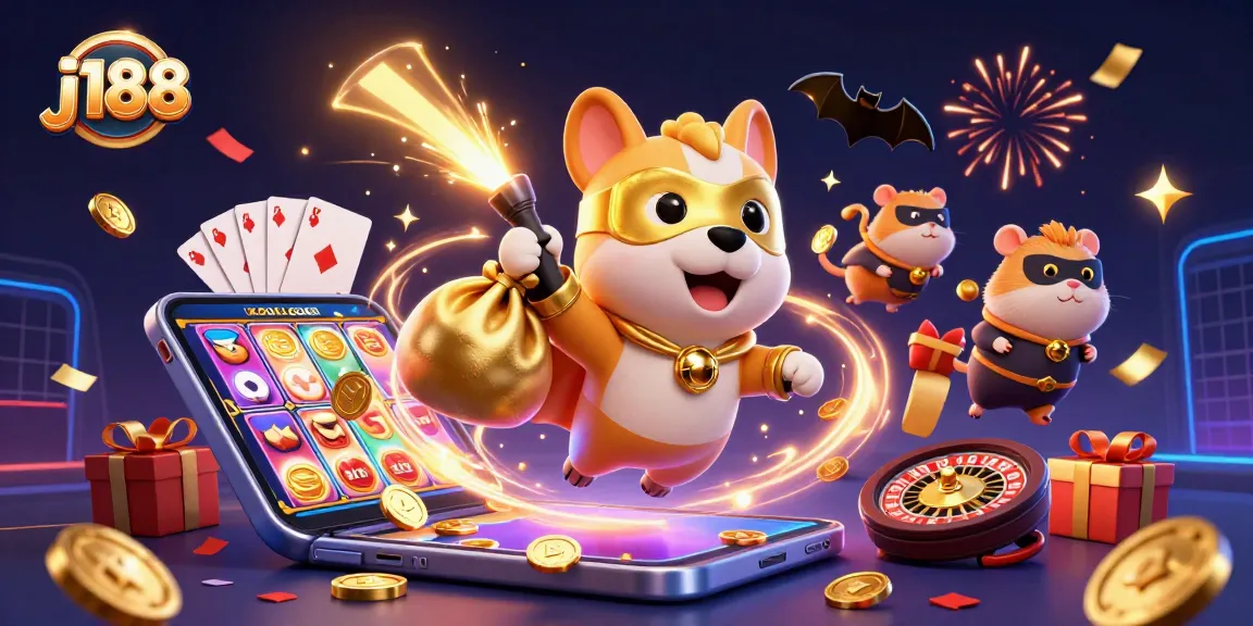 Experience the thrill of j188 with a heroic dog surrounded by colorful slots and poker elements.