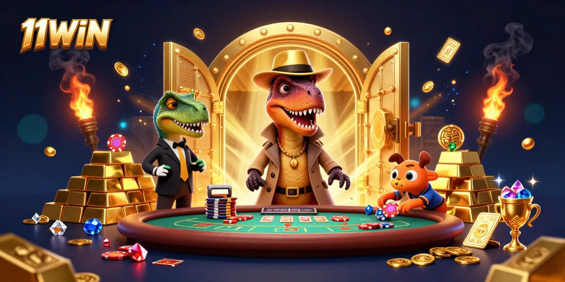 11WIN velociraptor counters blackjack chips in a 3D dinosaur-themed casino setting