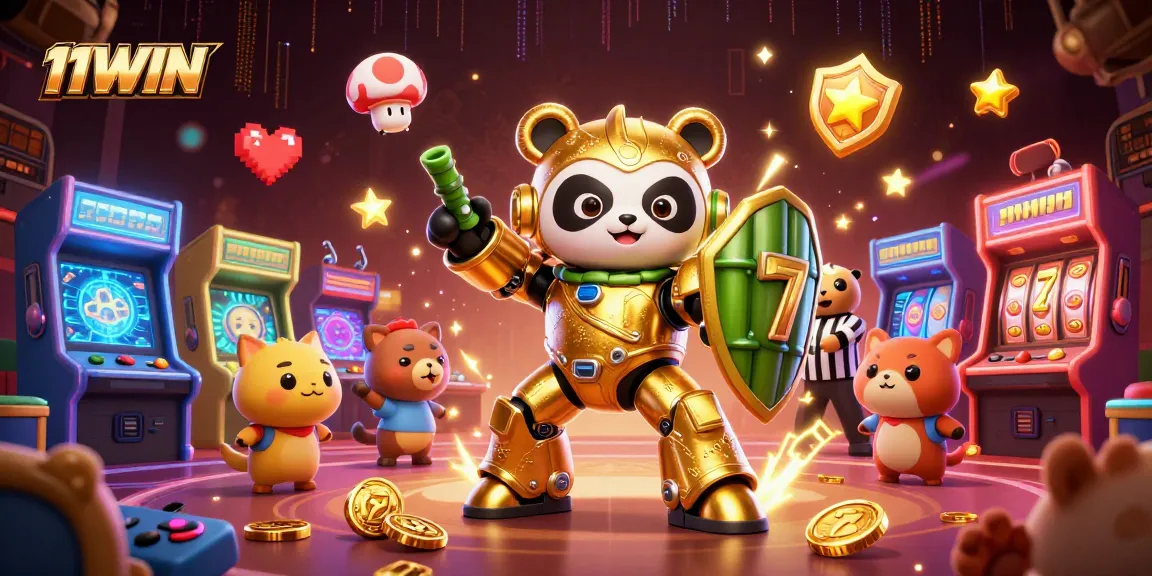 Experience thrilling gameplay with 11WIN featuring a mech-suit panda battling in a lively casino arena.