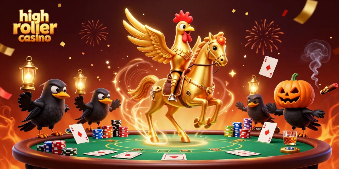 Play high roller casino with a golden rooster and poker tables in a vibrant midnight scene.