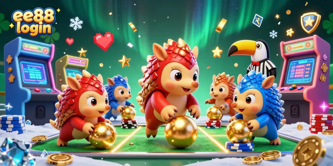 Experience the excitement of ee88 login with dynamic pangolins bowling through poker chips in a vibrant casino scene.