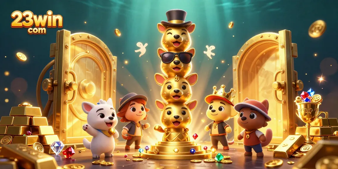 Engage with excitement at 23win com as golden treasures and spirits dance around a playful totem pole.