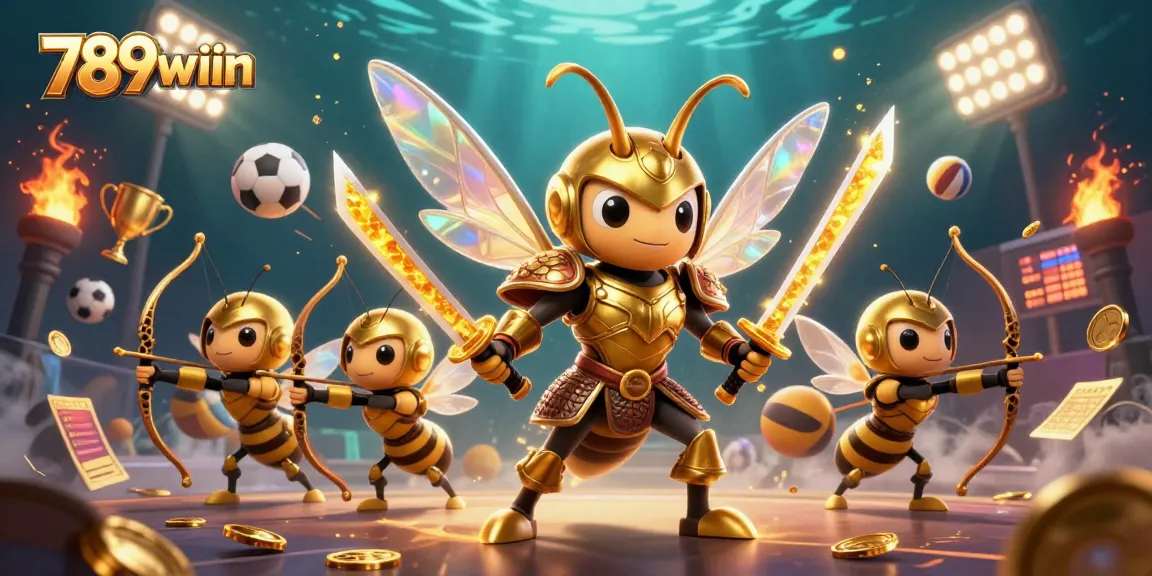 789wiin showcases 3D action with a golden hornet in a samurai suit battling amidst sports excitement.