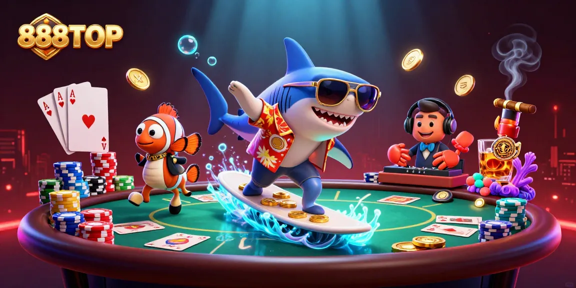 Engage in thrilling gaming at 888TOP with vibrant graphic featuring a hammer-head shark and poker elements.