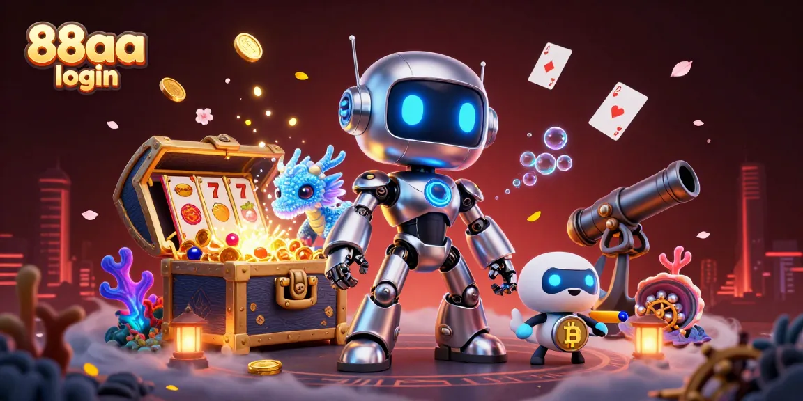 Engage in thrilling fun with the 88aa login as the cyberpunk robot mascot explores a vibrant casino.