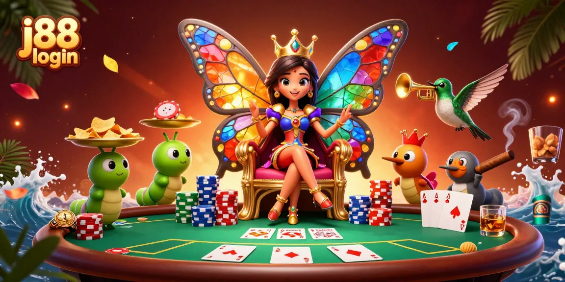 Experience the j88 login with vibrant characters and rich casino elements in an engaging digital art scene.