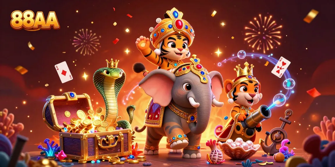 Experience thrilling wins at 88AA with an extravagant casino celebration featuring vibrant characters and stunning game elements.