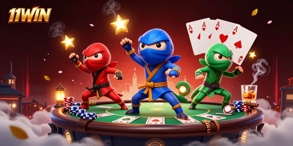 Engage with the vibrant energy of 11WIN's ninja chameleon themes at a lively poker table.