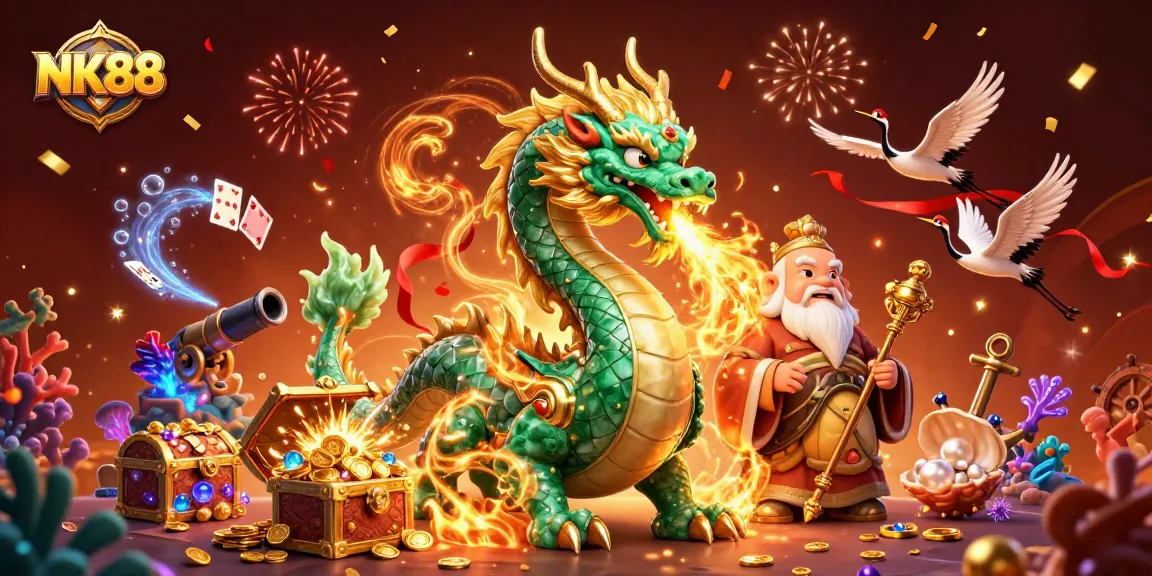 Play exciting games at NK88 with a vivid fantasy illustration featuring a jade dragon and lucky cranes.