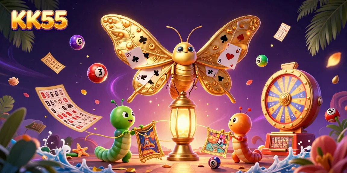 KK55's vibrant gaming experience illustrated with dazzling lottery scenes and casino elements.