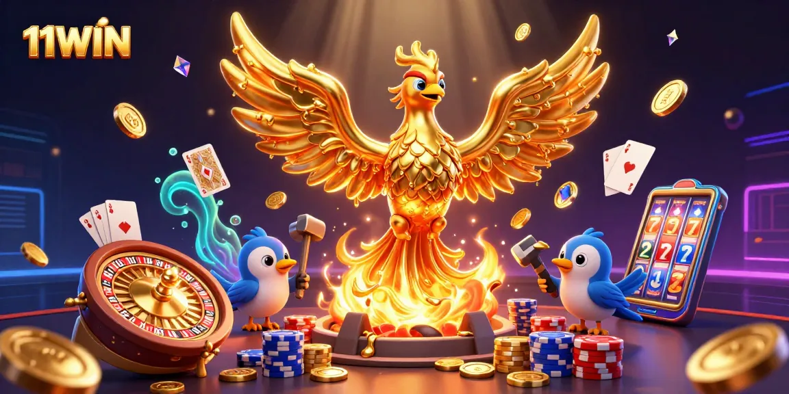 Experience excitement at 11WIN with a dynamic scene featuring a golden phoenix, coins, and cards.