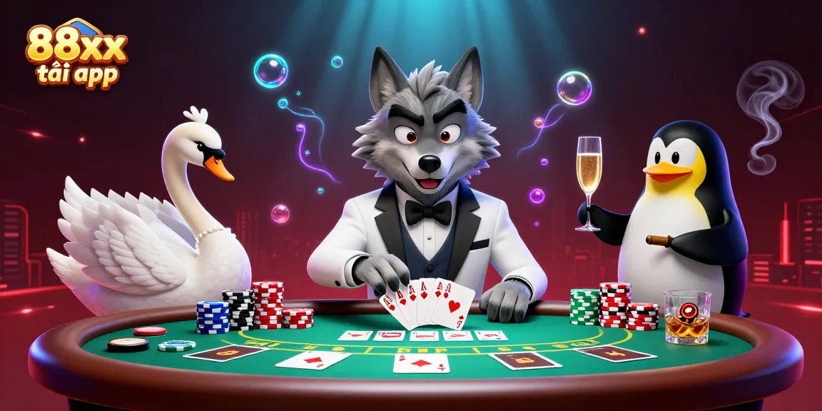 Win big with the 88xx tải app featuring a debonair wolf, elegant swan, and penguin sommelier in a dazzling casino scene.