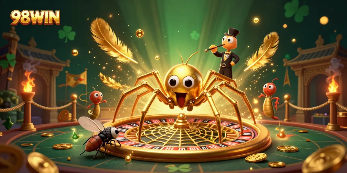 Engage with 98WIN's thrilling roulette experience as a fly places bets beside a golden web!