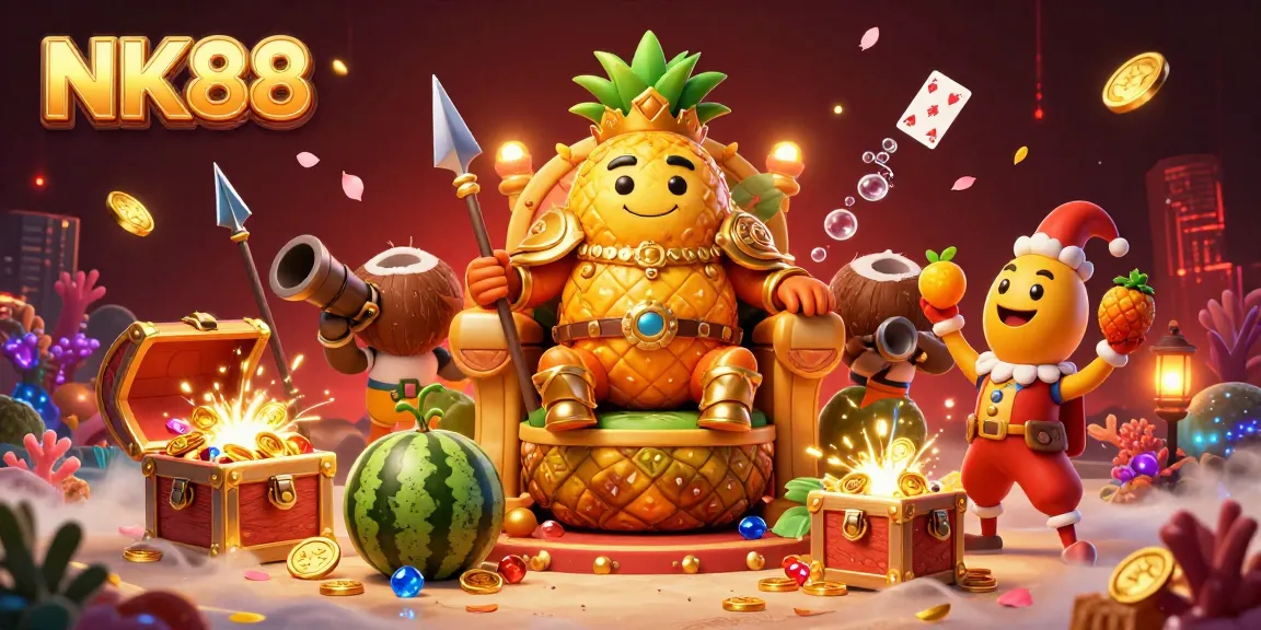Engage with NK88's vibrant casino scene featuring the golden pineapple king and treasure-filled beach.