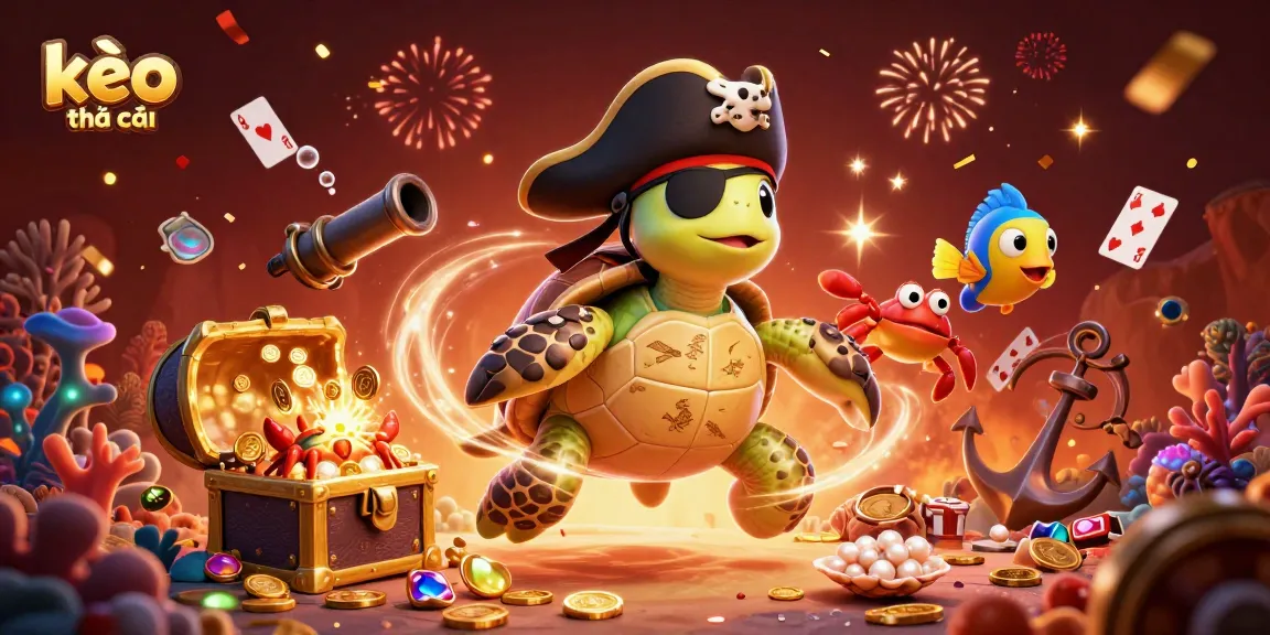 Engaging kèo nhà cái illustration with a pirate turtle, colorful gems, and festive effects in a casino setting.