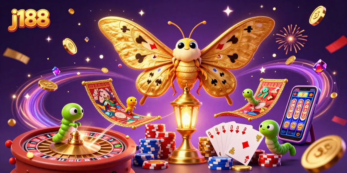 j188 platform illustrating a vibrant casino scene with an atlas moth and golden elements.