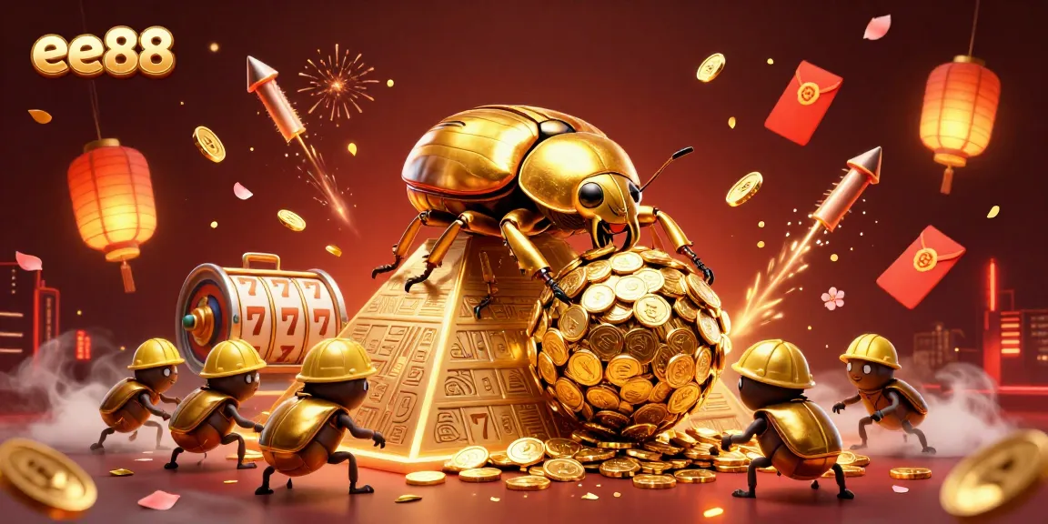 Play at ee88 with an exciting scene of golden beetles and vibrant casino symbols.